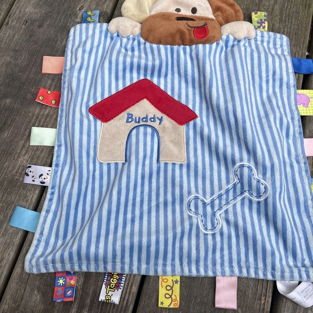 Taggies Peek A Boo Buddy Puppy Dog Baby Blanket Blue Stripe Bone Security Lovey